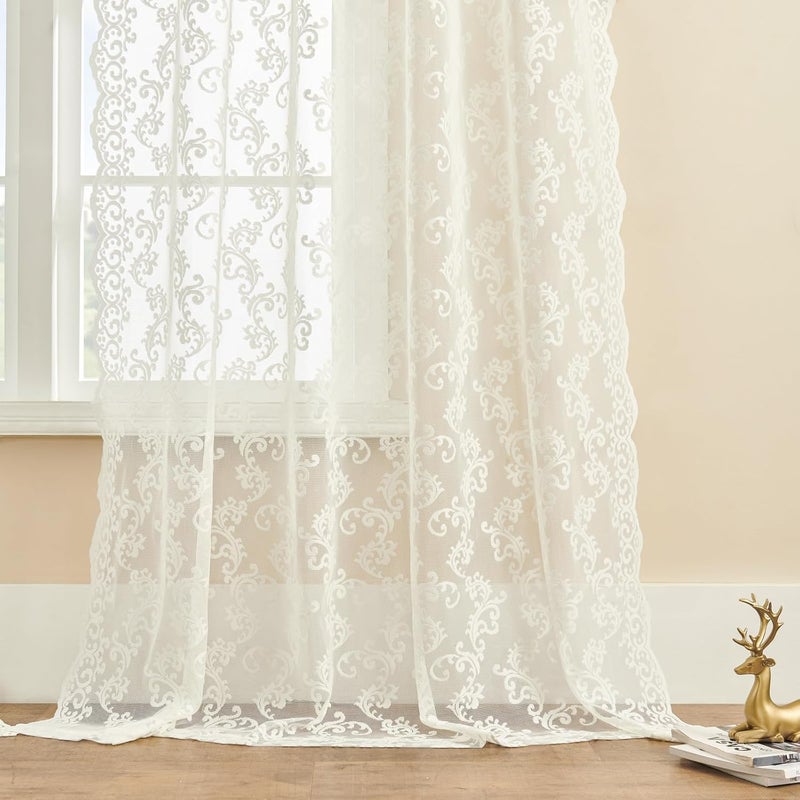 FOLKSIDE Ivory Lace Curtains 54 Inch Length 2 Panels Paisley Floral Curtains for Living Room Girls Bedroom Rod Pocket Light Filtering Sheer Curtains for Small Window Decor Neutral Drapes Basement, 52x54 - Image 5